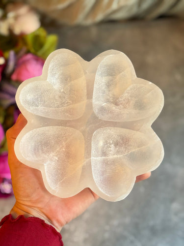 selenite heart four leaf clover bowl