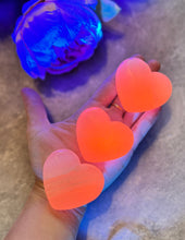 Load image into Gallery viewer, Pink Calcite Hearts, Valentines Day Crystal Hearts, Glows Orange/Pink under UV, Fluorescent Minerals
