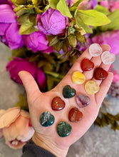 Load image into Gallery viewer, 2 cm Crystal Hearts for Valentines Day, You Choose Red Jasper, Fluorite, Carnelian, Rose Quartz, Moss Agate, Yellow
