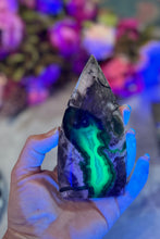 Load image into Gallery viewer, Volcano Agate Teardrop Freeform, UV Fluorescent Green Crystals
