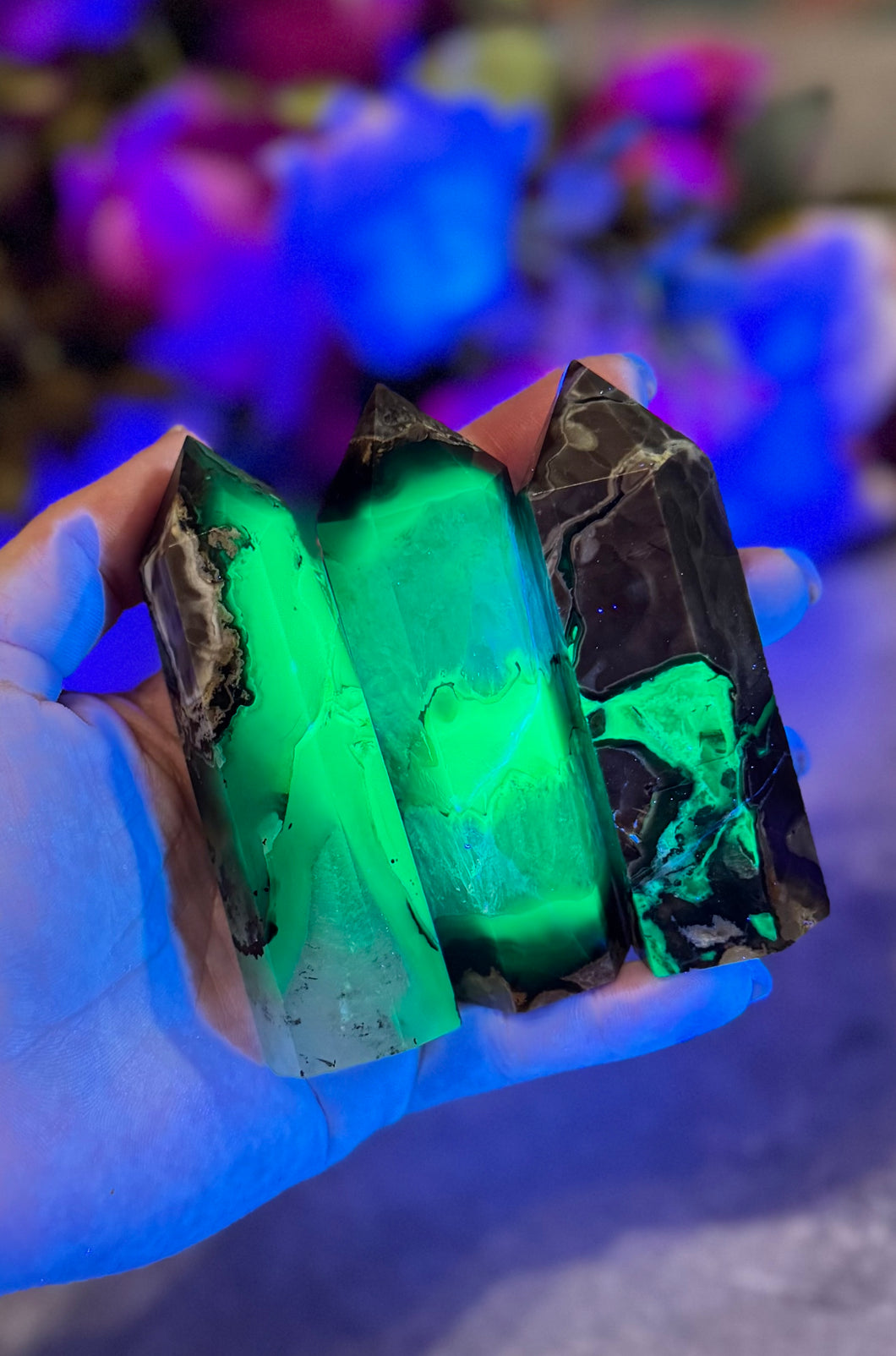 Volcano Agate Towers, UV Fluorescent Green Crystals