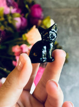 Load image into Gallery viewer, Tiny Black Obsidian Cats, Mini Black Cat, Black Crystal Cat, Witchy Halloween Decor
