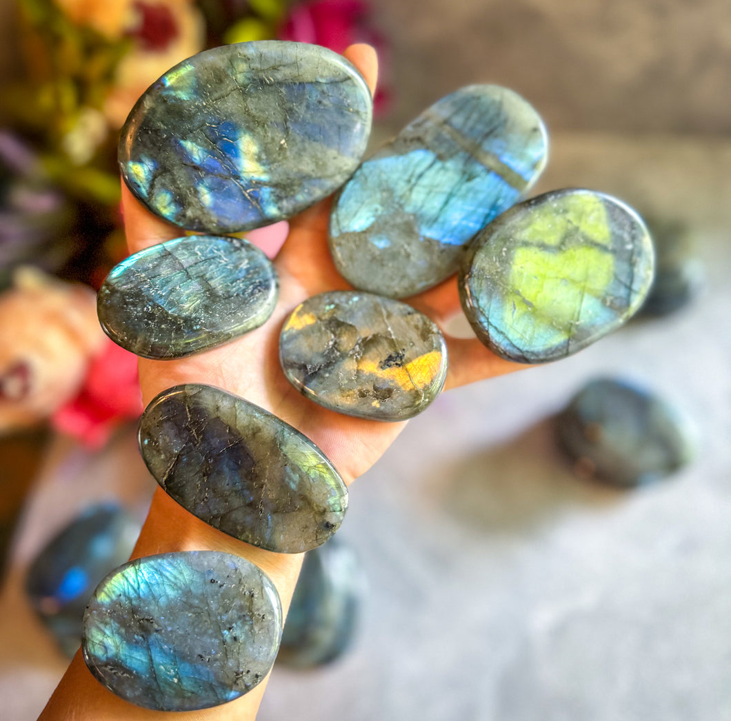 FLAT Labradorite Palm Stone, Bulk 1 Lb Bag