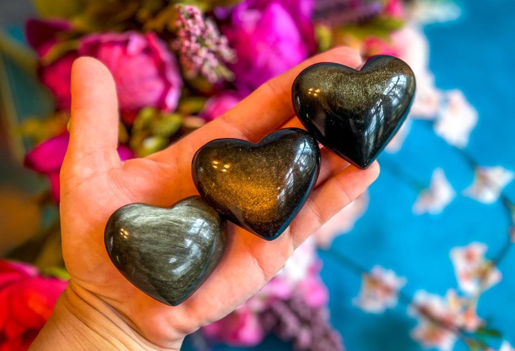 Gold Obsidian Hearts, Polished Gold Sheen Obsidian Crystal Hearts