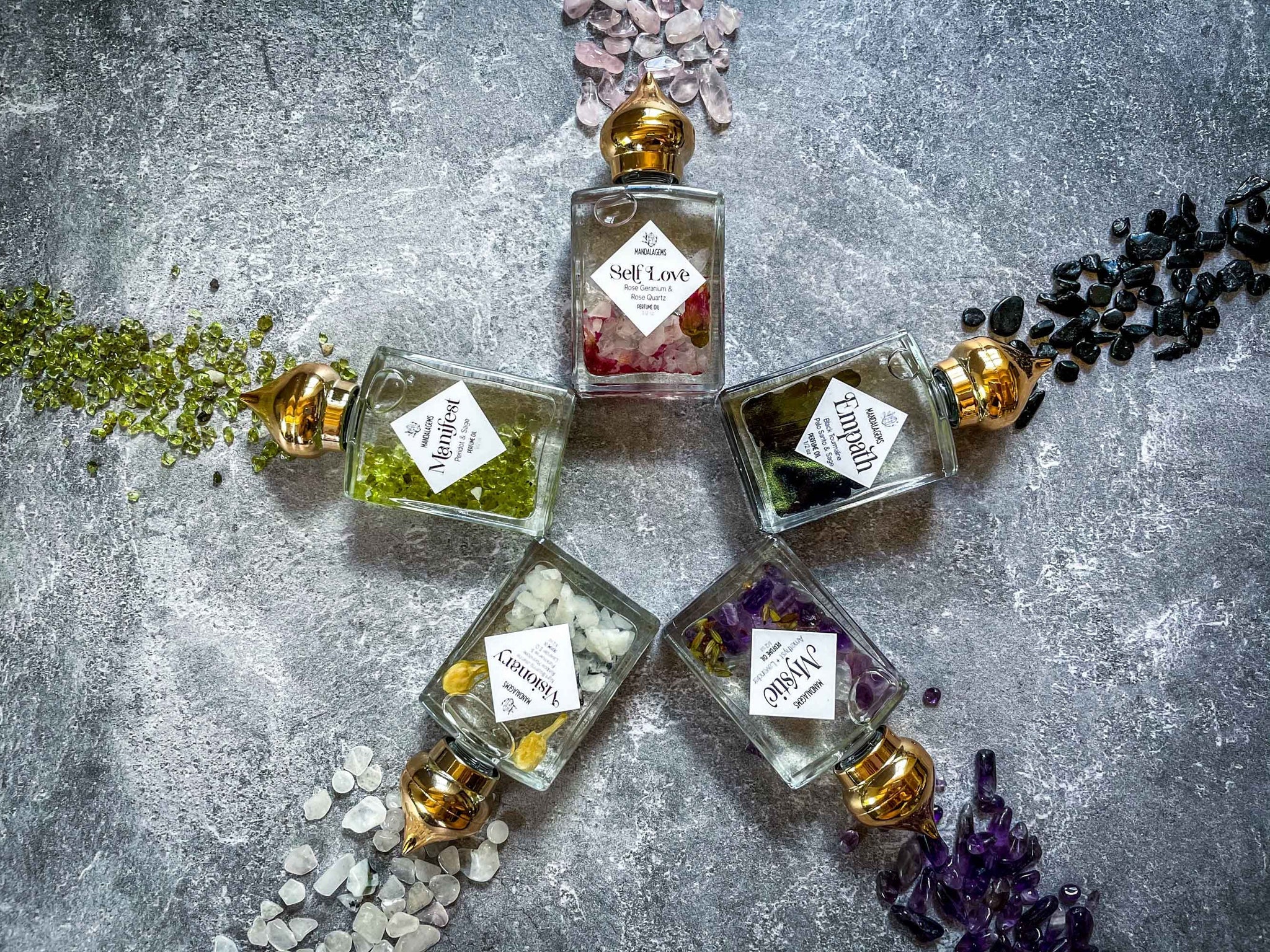 Set of 5 - Crystal and herb infused essential oil 2024 intention perfume rollers