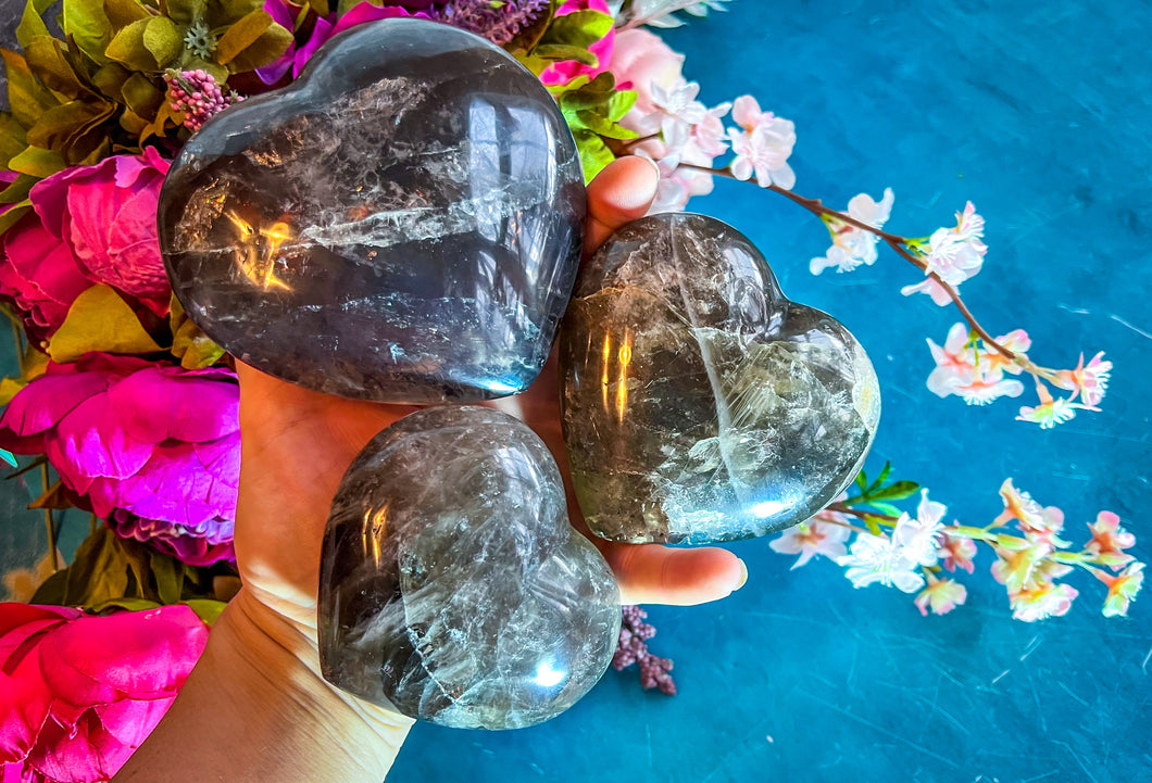 Smoky Quartz Crystal Hearts with RAINBOW Slicks